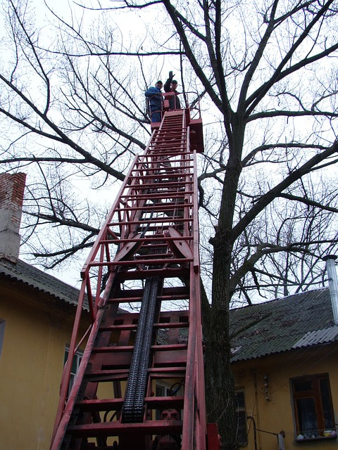 Emergency tree care crew helping a homeowner using a ladder