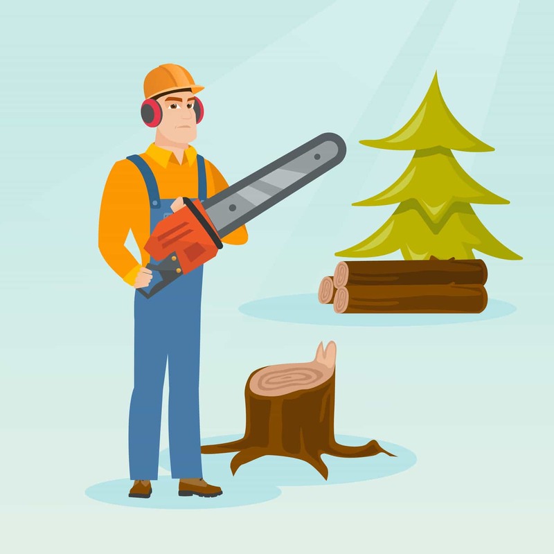 A cartoon image of a sawyer cutting up a tree stump